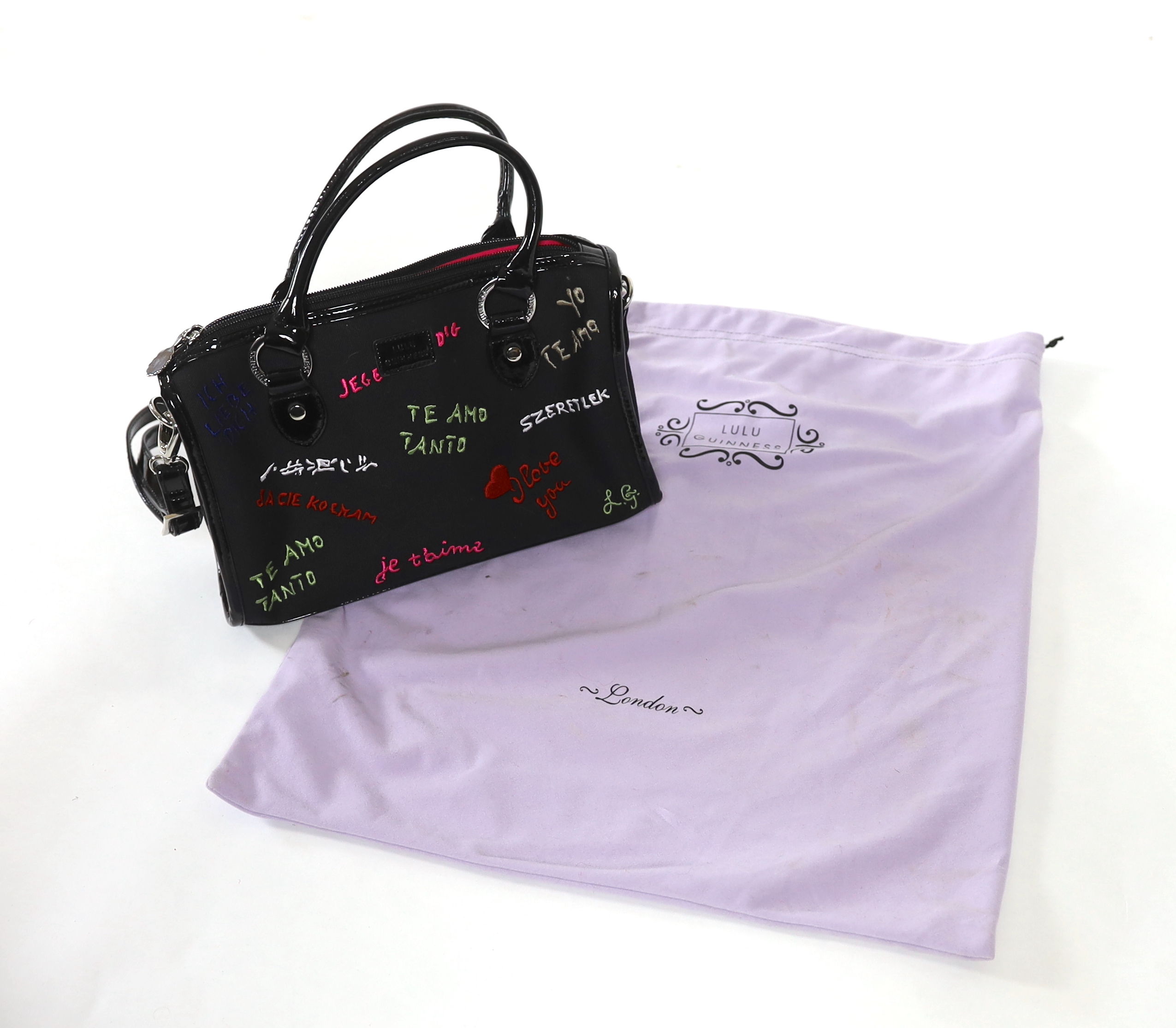 A Lulu Guinness vintage 'Keira' Love Graffiti embroidered canvas bag, unused with lilac dust bag, height 18cm, to handle 25cm, width 27cm, depth 9cm